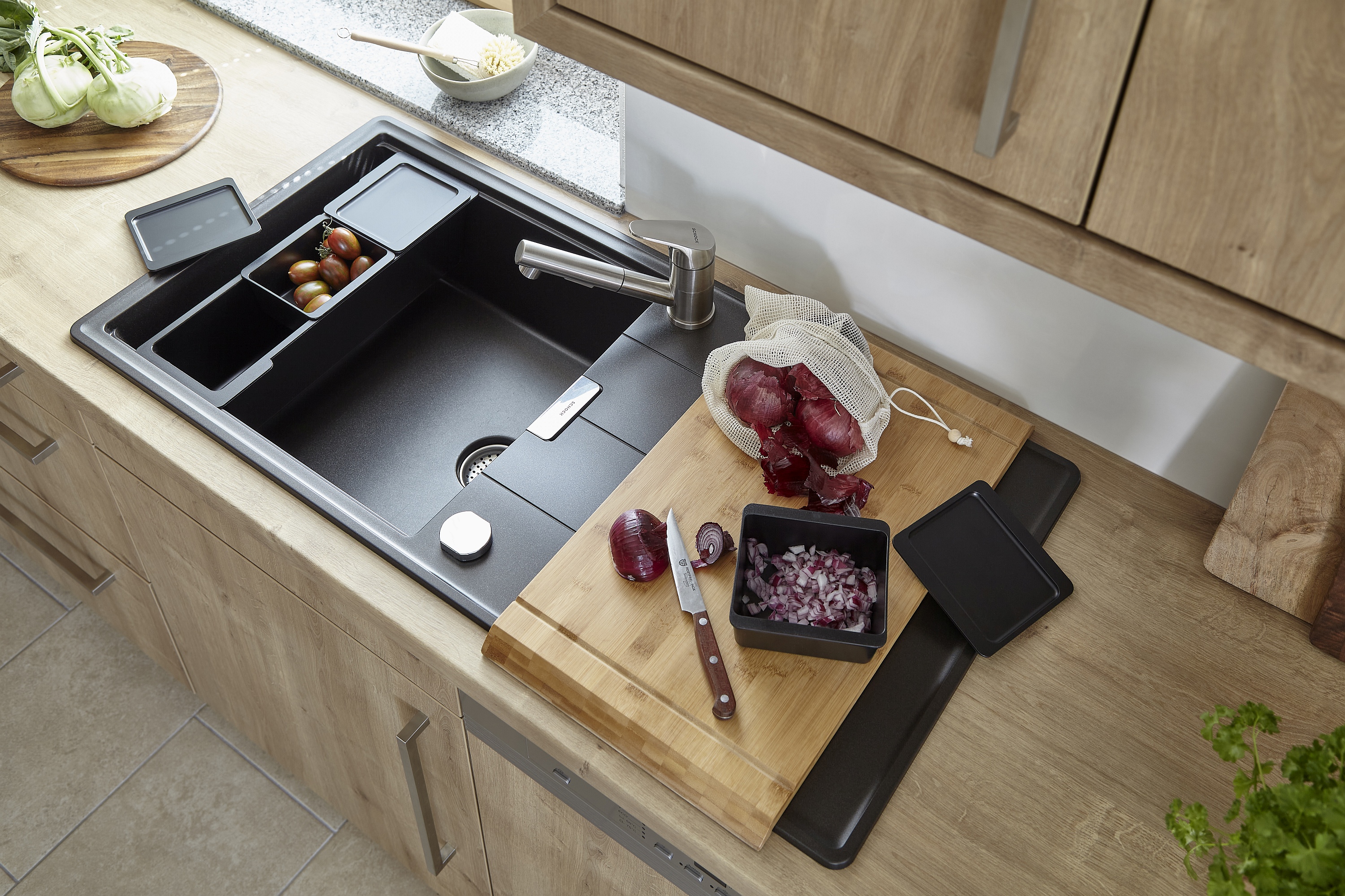 Schock Spüle Zubehör 3-geteilte Einhängeboxen verschiebbares Schneidebrett 